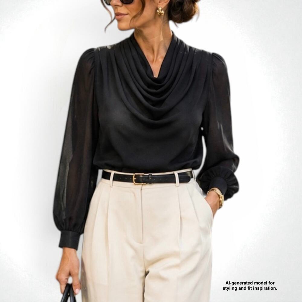 Vintage Mary Lee Black Georgette Cowl Neck Blouse Quiet Luxury Office Siren Sz M